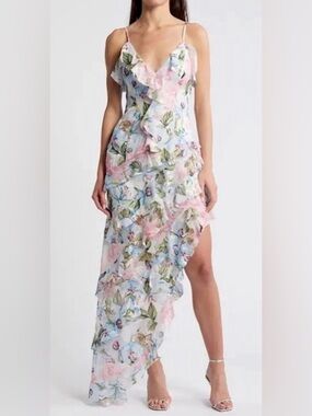 Elliatt Wilhelmina Floral Ruffle Chiffon Maxi Dress Pink L Cottagecore Coquette
